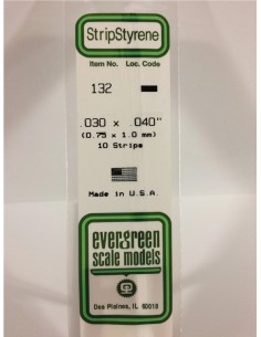 Evergreen Scale Models - 132 - OPAQUE WHITE POLYSTERENE STRIPS 132 - (0.75 X 1,0 X 355MM)  - Hobby Sector